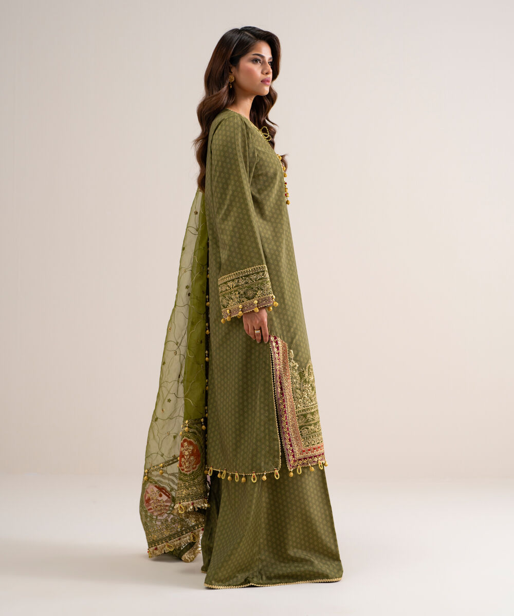 Women's Unstitched Printed Blended Grip Silk Green 3 Piece Suit