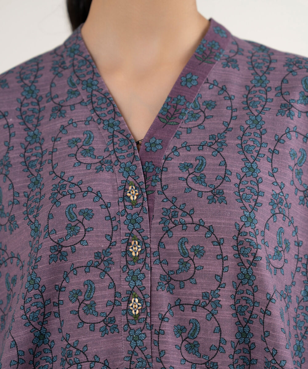 Women's Unstitched Printed Textured Cotton Purple 3 Piece Suit