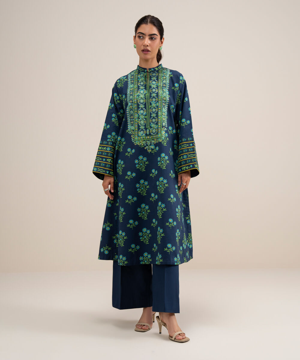 Women's Unstitched Lawn Embroidered Navy Blue 2 Piece Suit