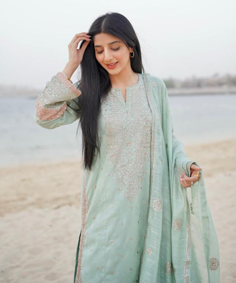 Women's RTW Self Jacquard Leno Embroidered Mint Green A-Line Shirt