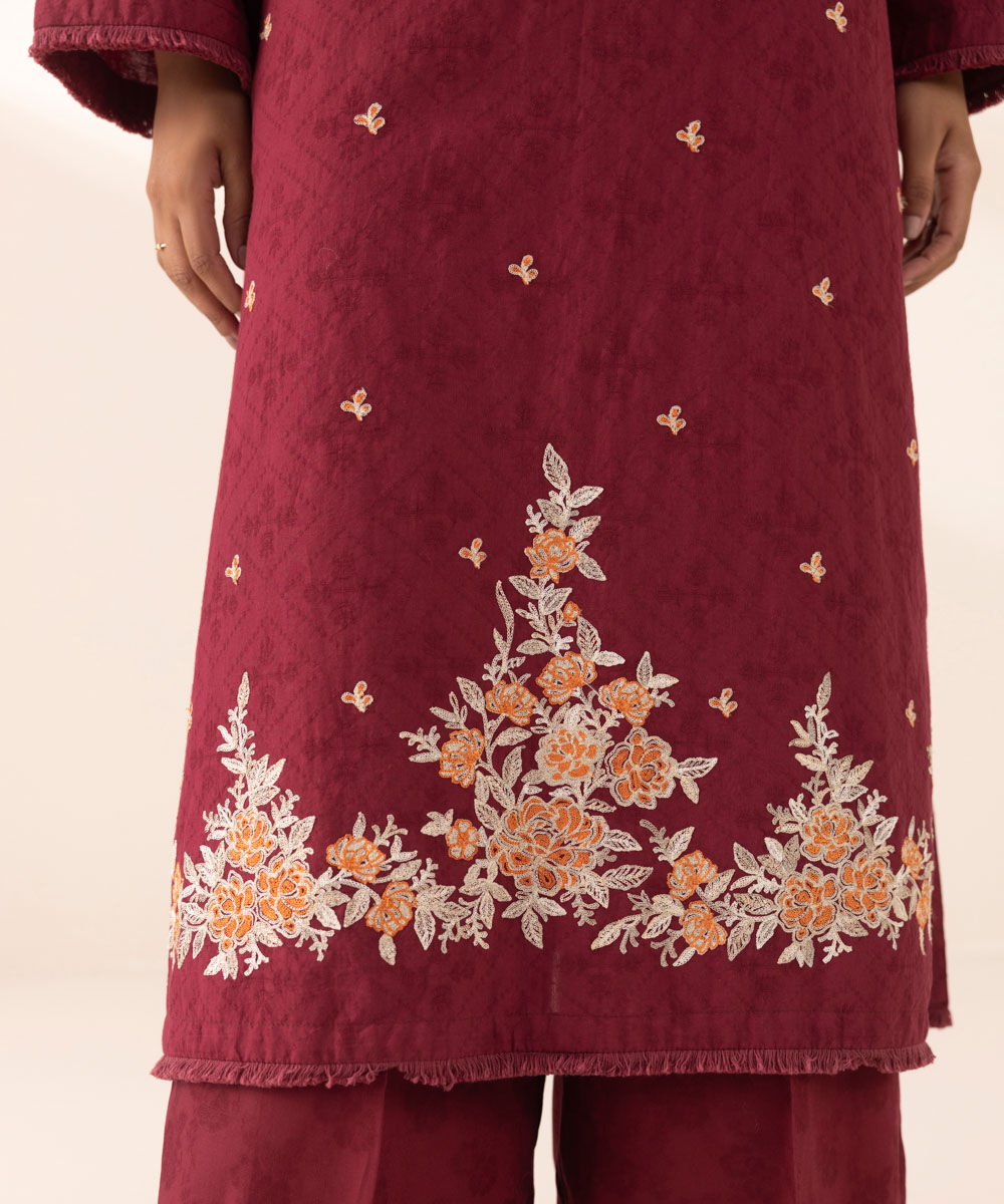 Women's Pret Yarn Dyed Red Embroidered A-Line Shirt