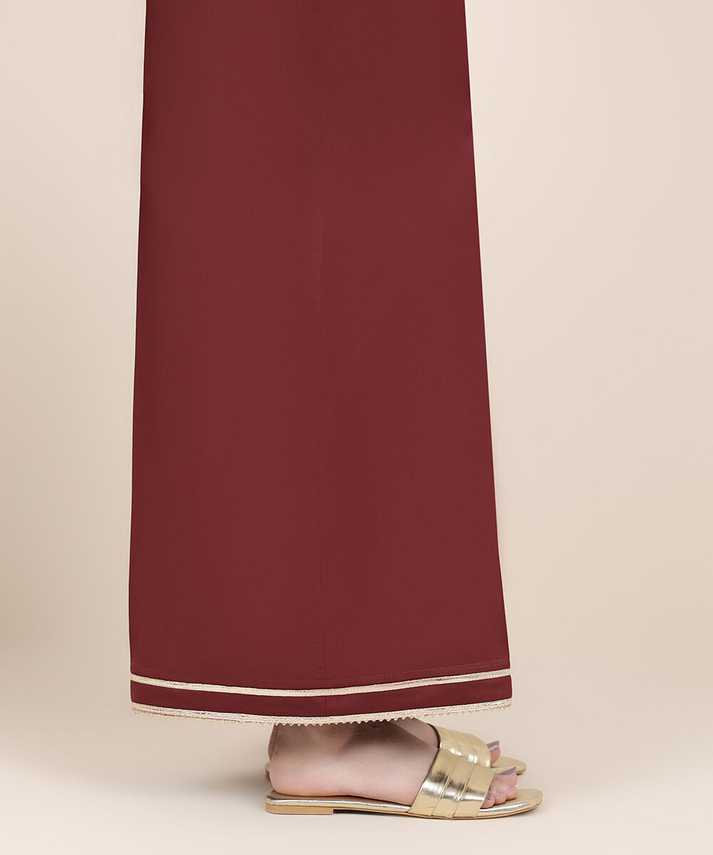 Women's RTW Cotton Satin Red Solid Flared Pants