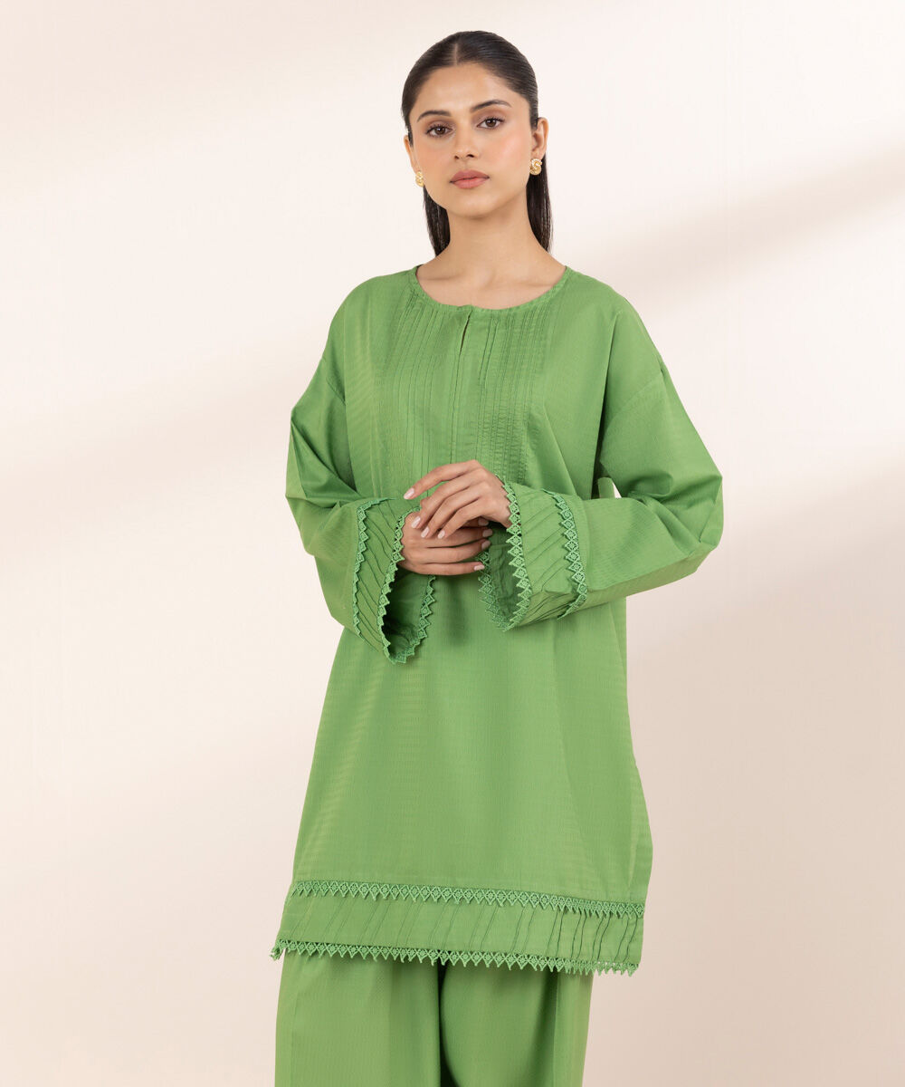 Women's RTW Dobby Green Solid Drop Shoulder Shirt