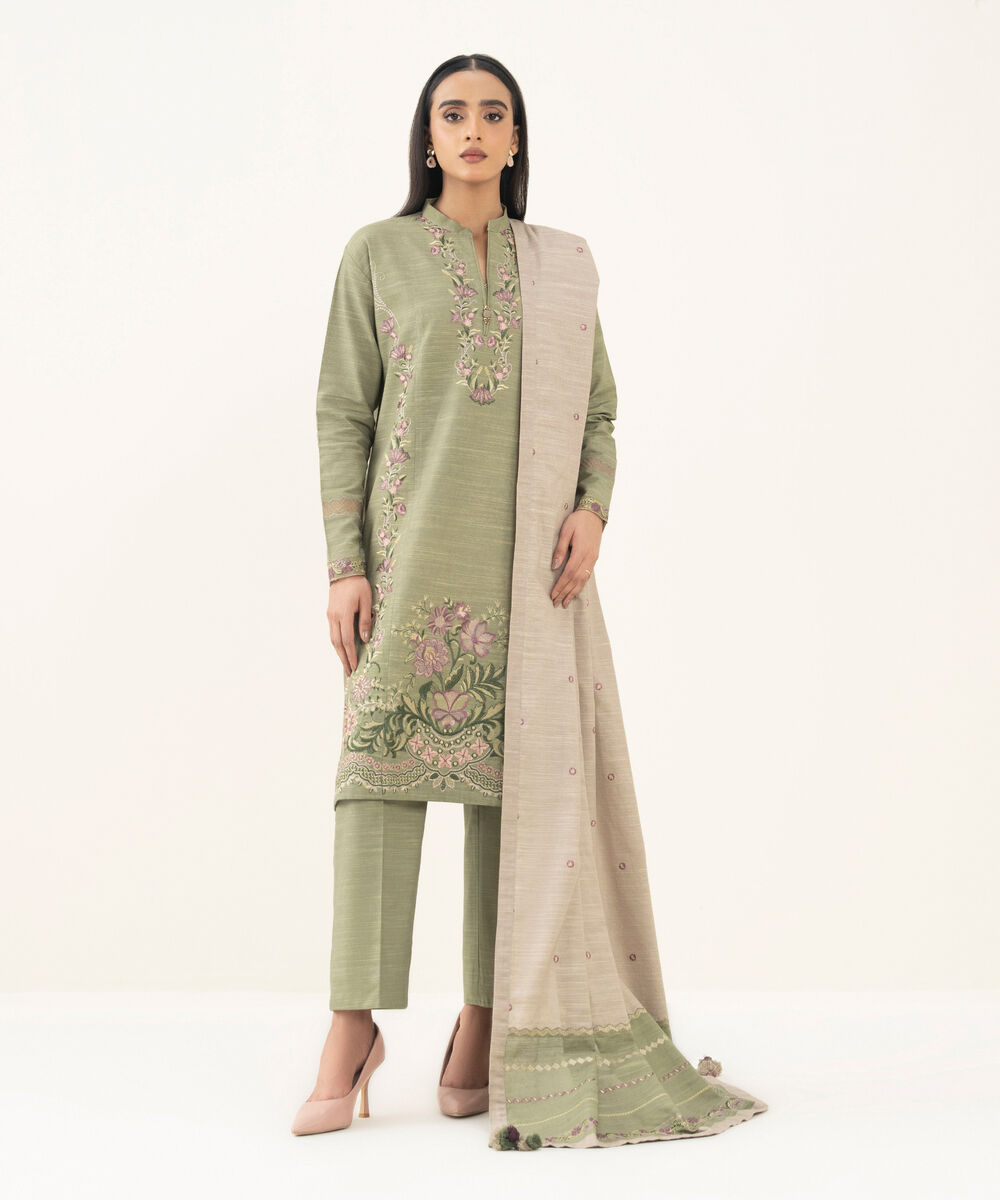 Women's Unstitched Embroidered Khaddar Moss Green 3 Piece Suit