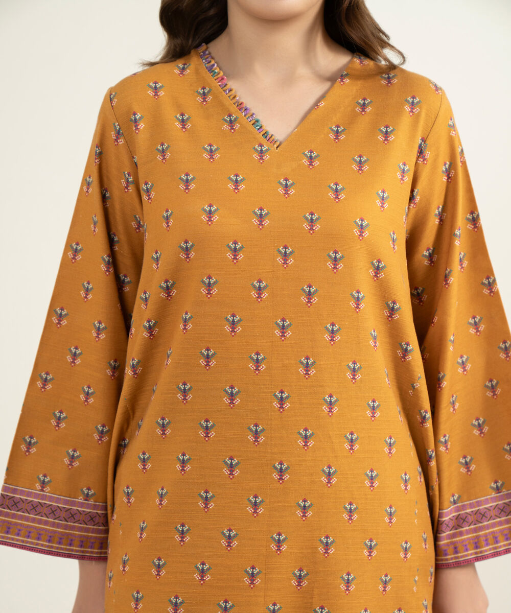 Women's Two Piece Orange Light Khaddar Printed Suit