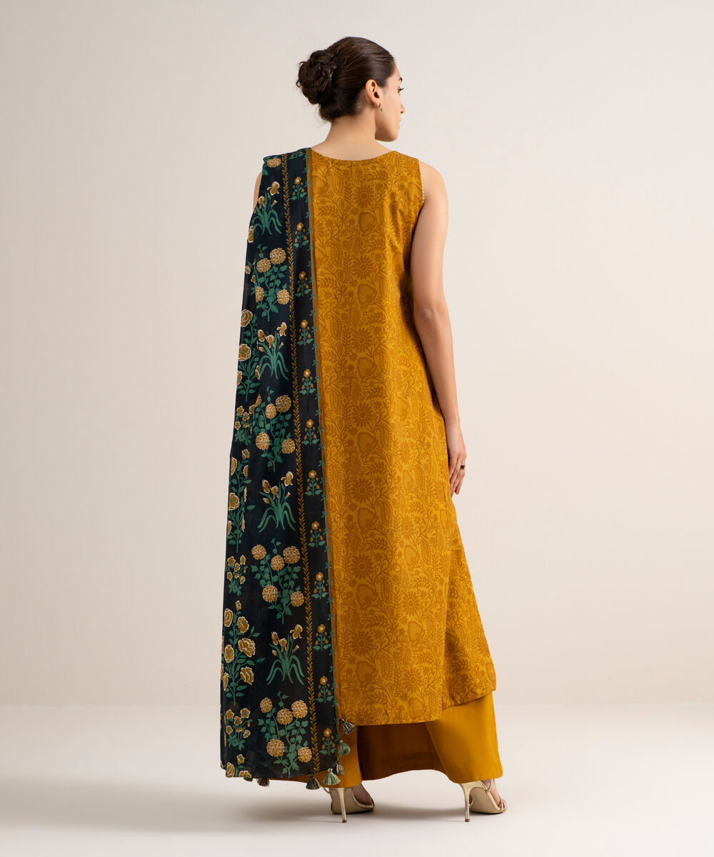 Women's Unstitched Cotton Embroidered Yellow 3 Piece Suit