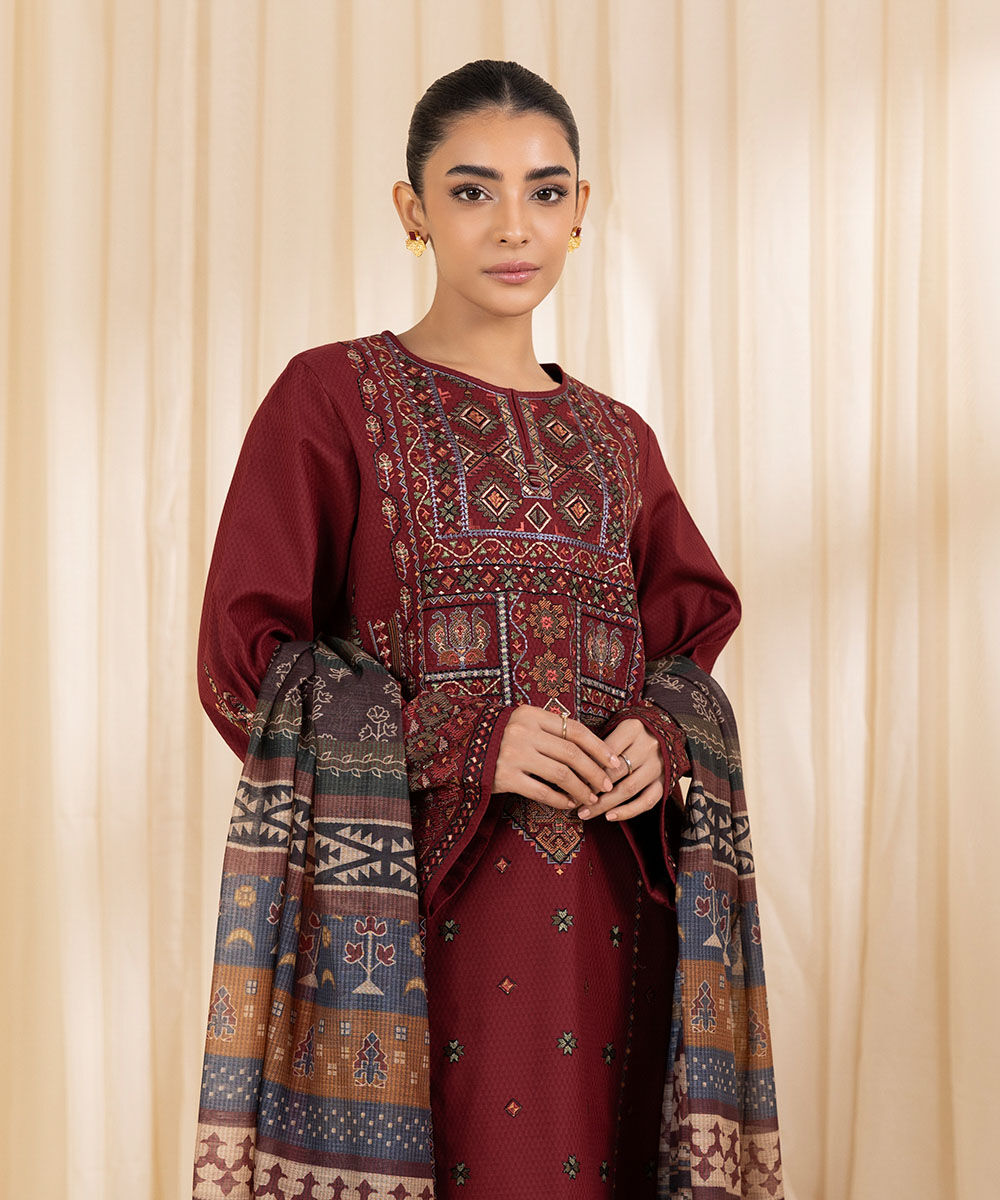 Women's Unstitched Raw Silk  Embroidered Maroon  3 Piece Suit