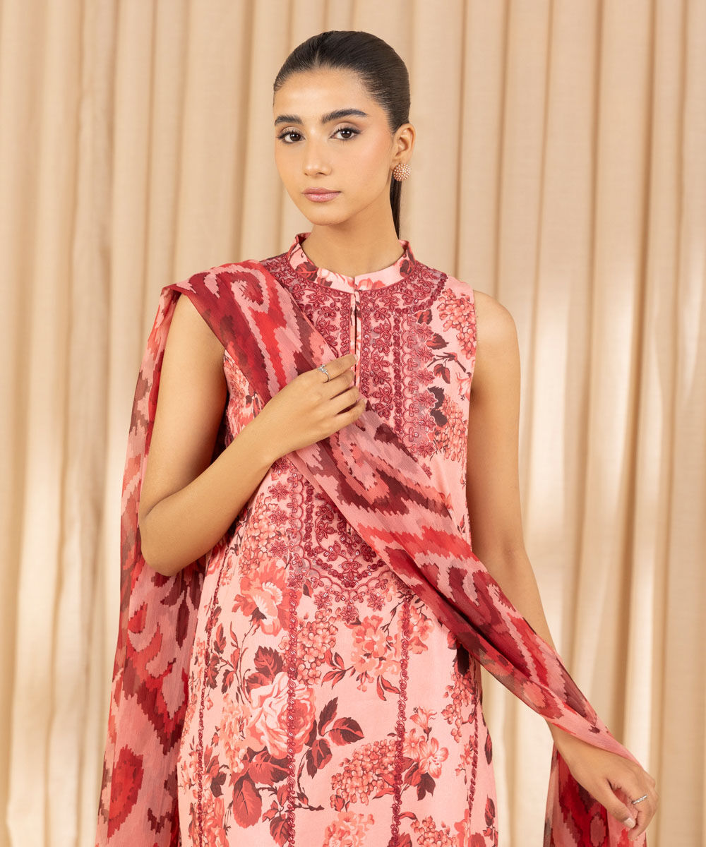 Unstitched Women's Embroidered Dobby Pink Three Piece Suit