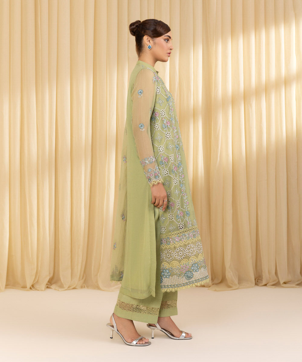Unstitched Women's Green Blended Chiffon 3 Piece Suit