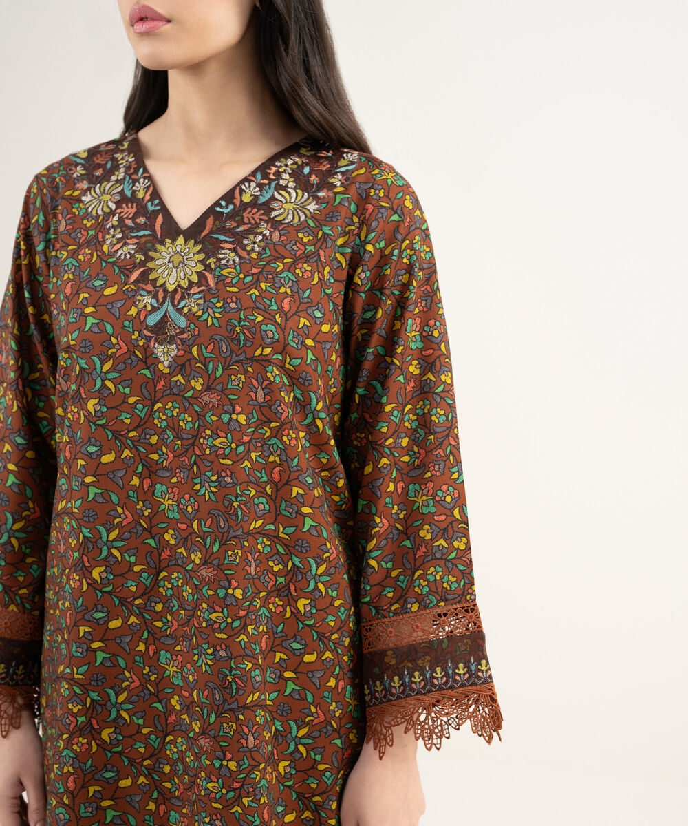 Women's RTW Arabic Cambric Embroidered Brown Straight Shirt
