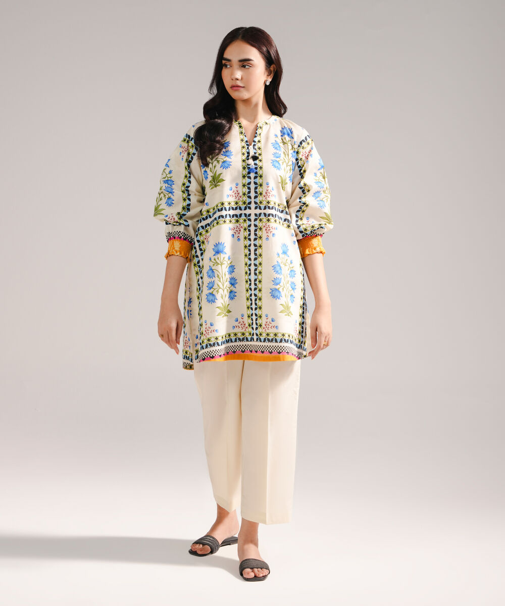 Women's RTW Textured Lawn Printed Off White Straight Shirt