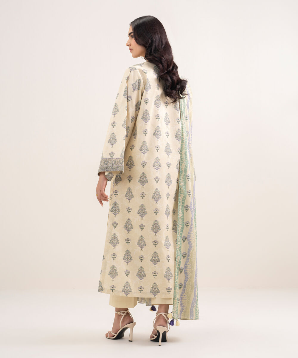Women's Unstitched Lawn Printed Beige 3 Piece Suit