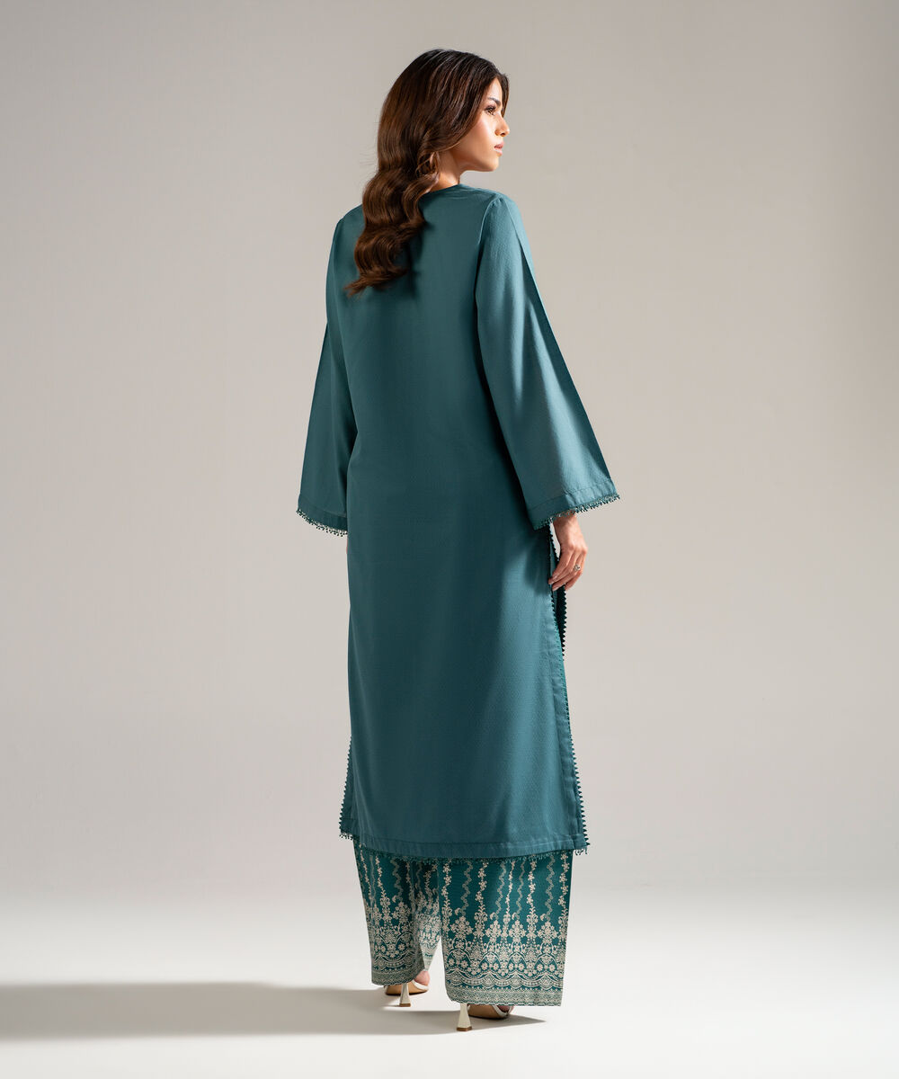 Women's RTW Dobby Embroidered Teal 2 Piece Suit