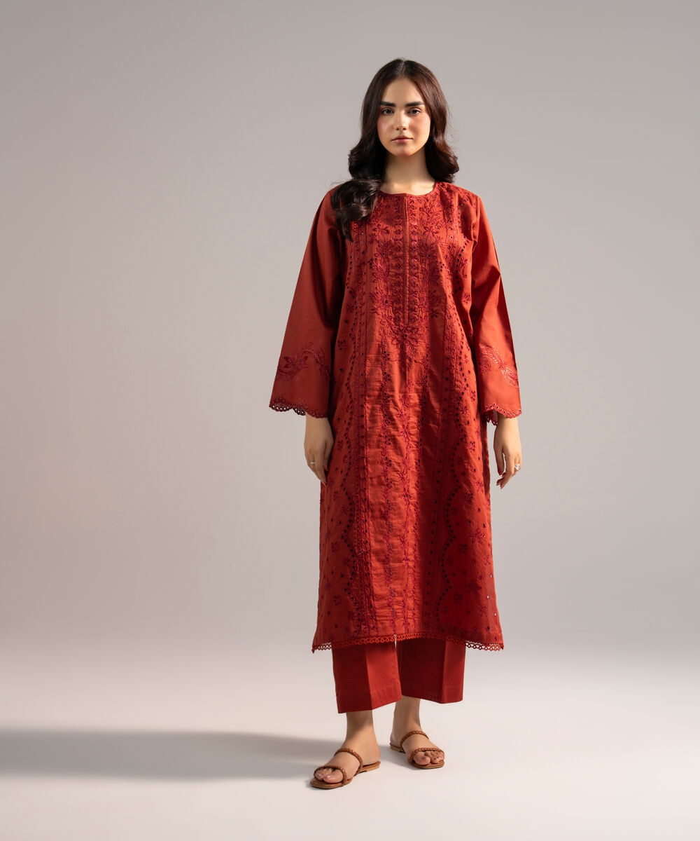 Women's RTW Dobby Embroidered Rust 2 Piece Suit
