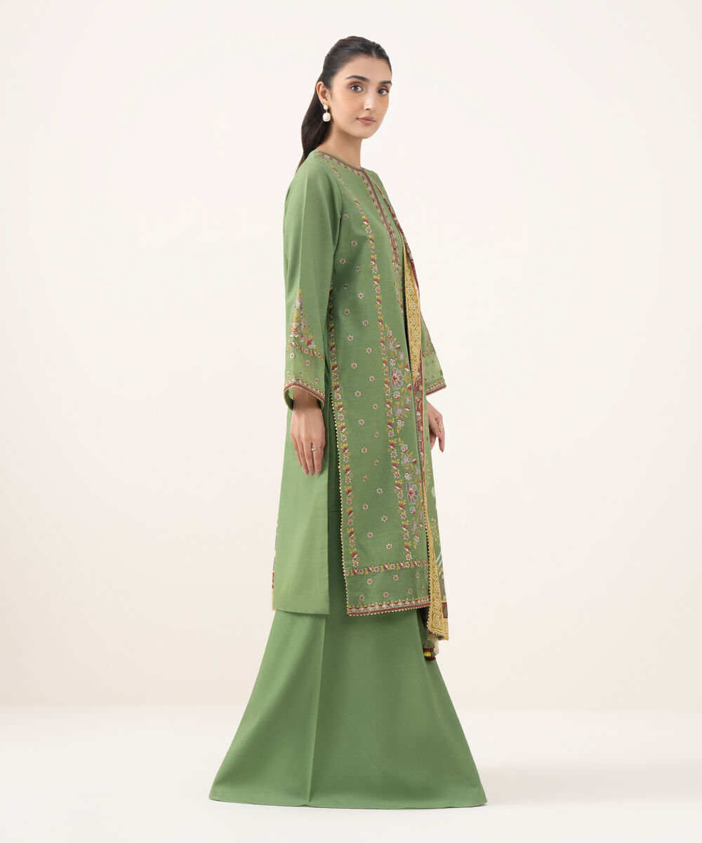 Women's Unstitched Light Khaddar Embroidered Green 3 Piece Suit