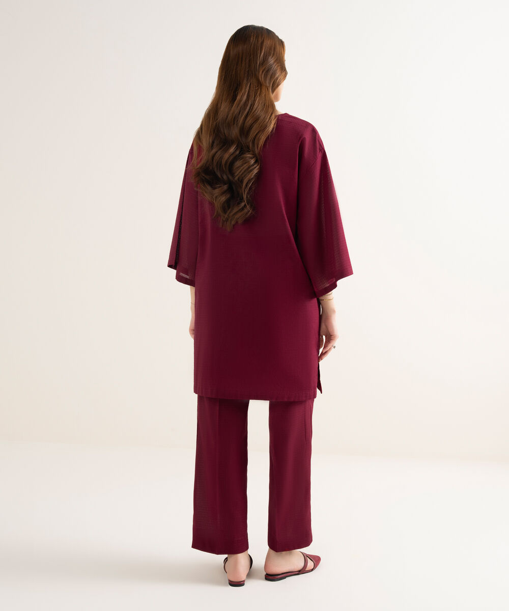 Women's RTW Textured Cotton Solid Boxy Red Shirt