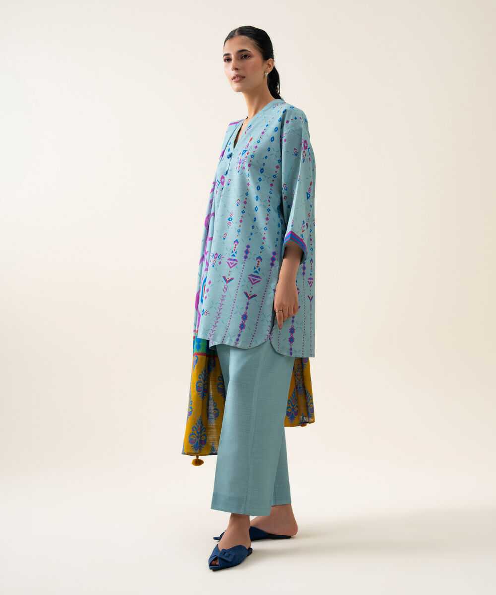 Womens Unstitched Premium Khaddar Printed Light Blue 3 Piece Suit