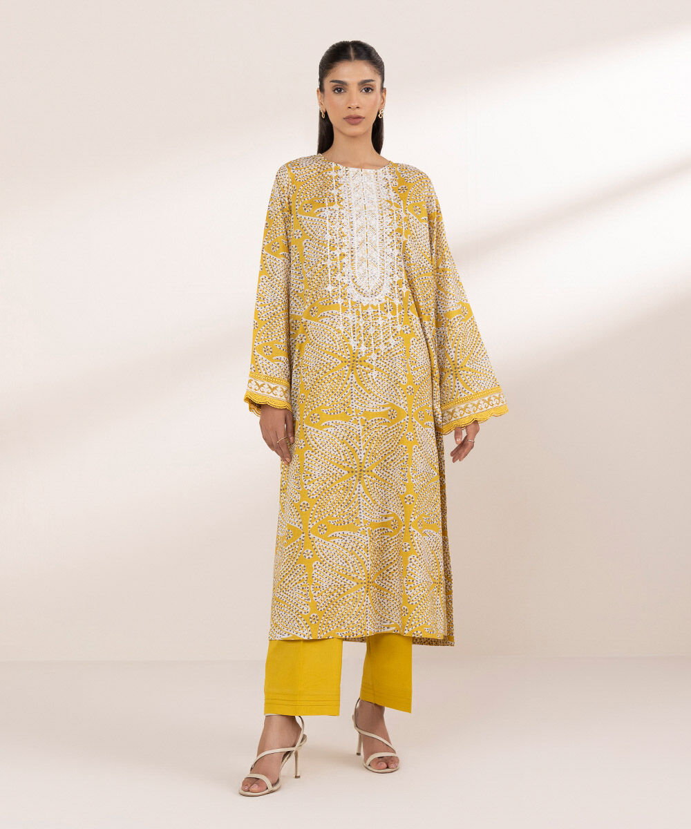 Women's RTW Lawn Yellow Embroidered A-Line Shirt