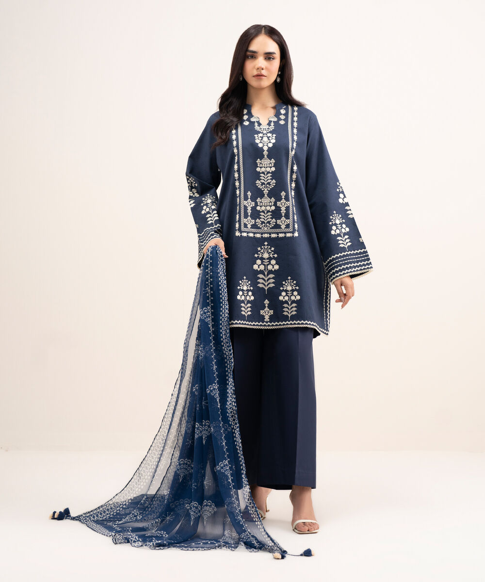 Women's Unstitched Lawn Embroidered Blue 3 Piece Suit