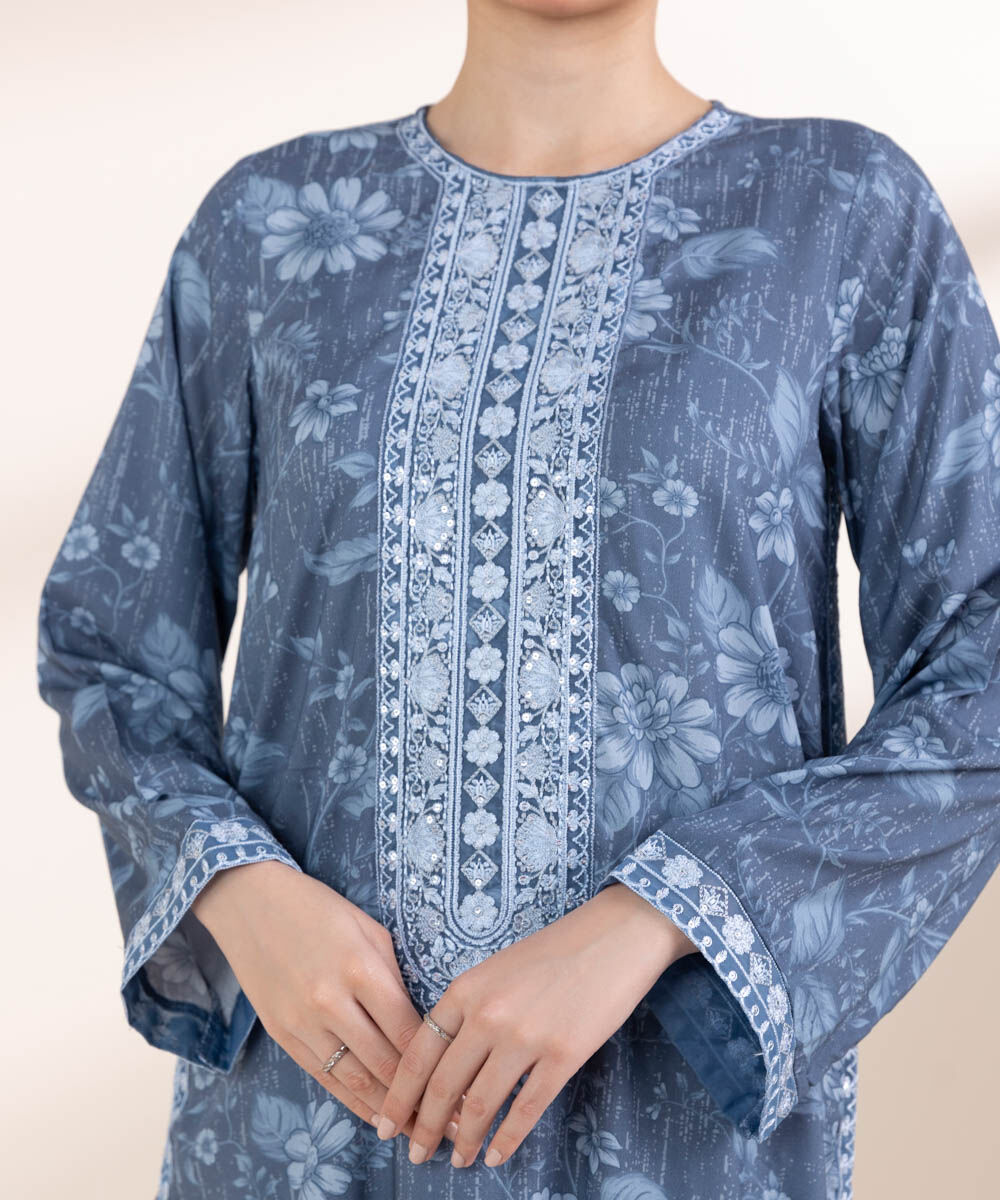 Women's Pret Arabic Lawn Blue Embroidered A-Line Shirt