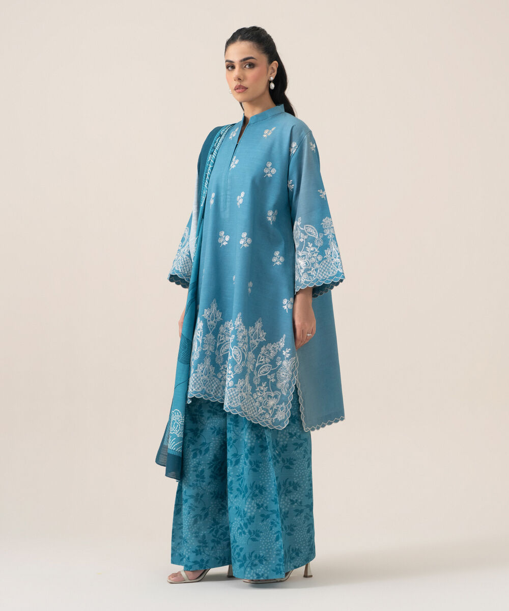 Women's Unstitched Premium Khaddar Embroidered Blue 3 Piece Suit