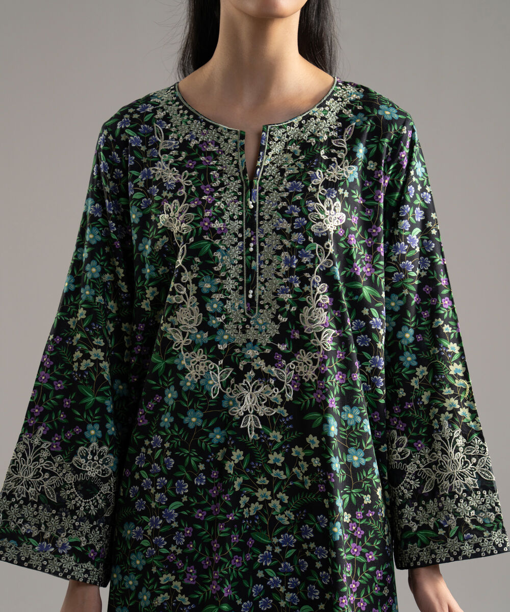 Women's RTW Cotton Viscose Printed Embroidered Black 2 Piece Suit