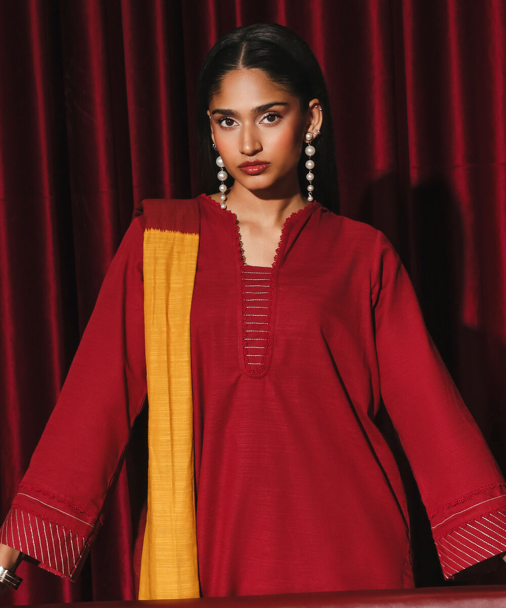 Women's RTW Light Khaddar Embroidered A-Line Maroon Shirt