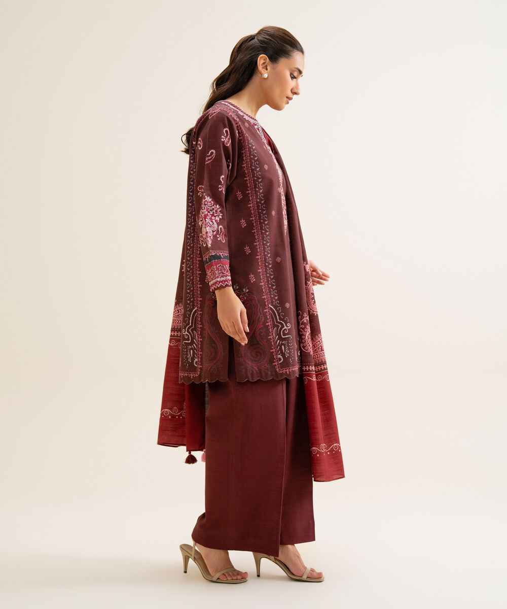 Women's Unstitched Light Khaddar Printed Deep Maroon 3 Piece Suit