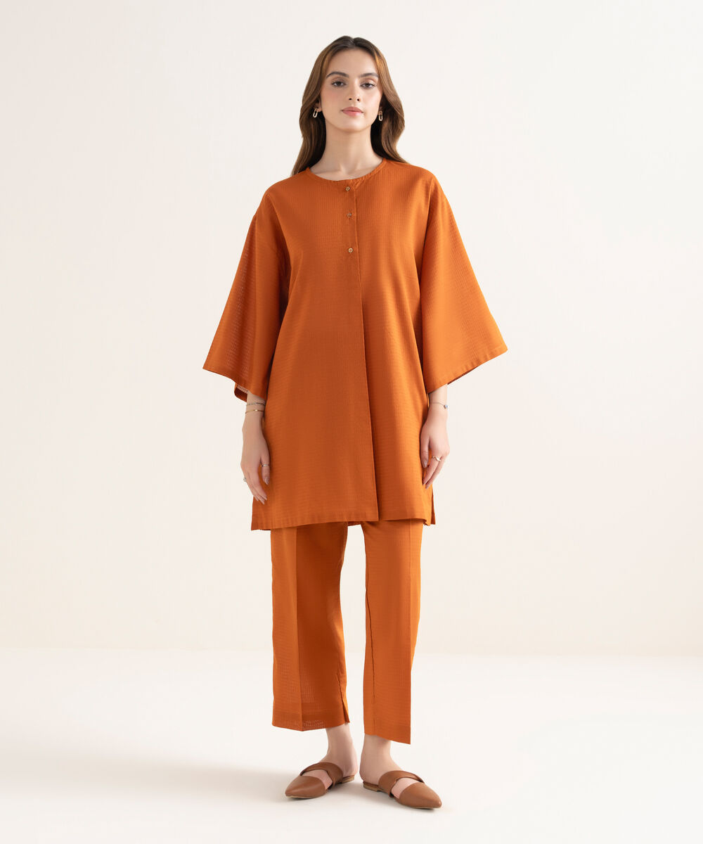 Women's RTW Handwoven Dobby Solid Boxy Orange Shirt