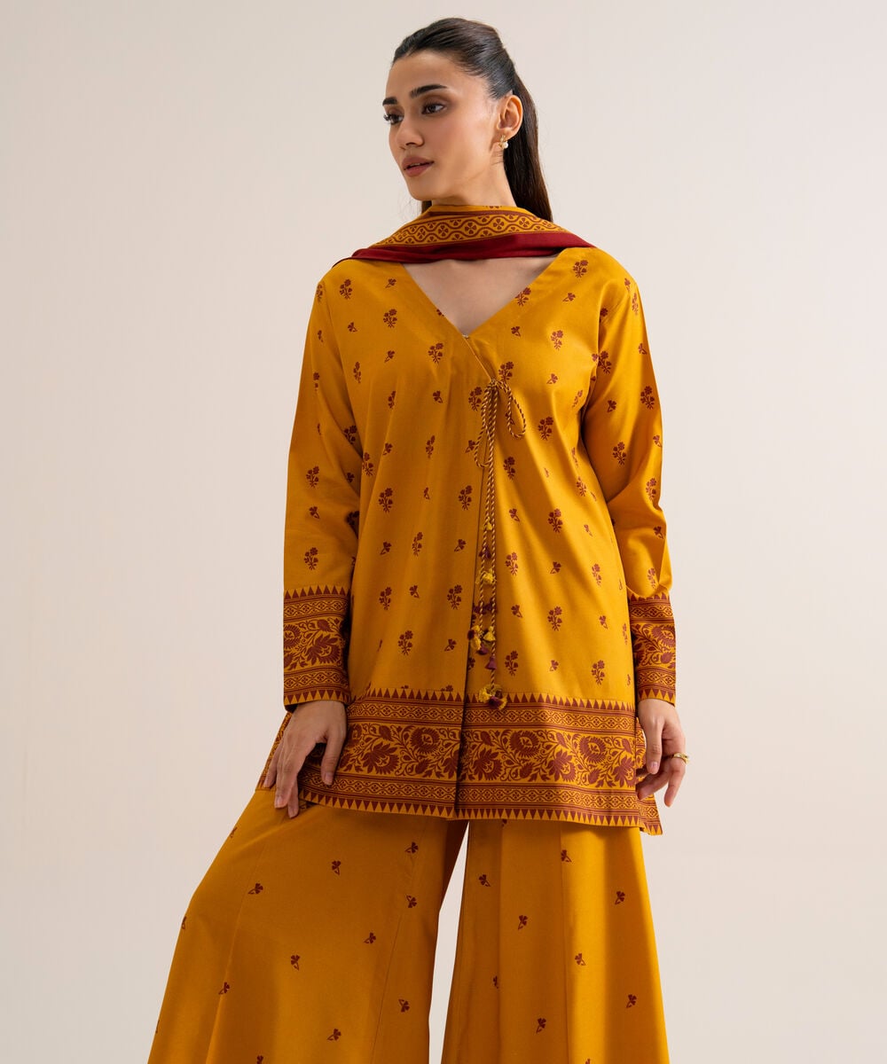 Women's Unstitched Viscose Linen Printed Yellow 3 Piece Suit