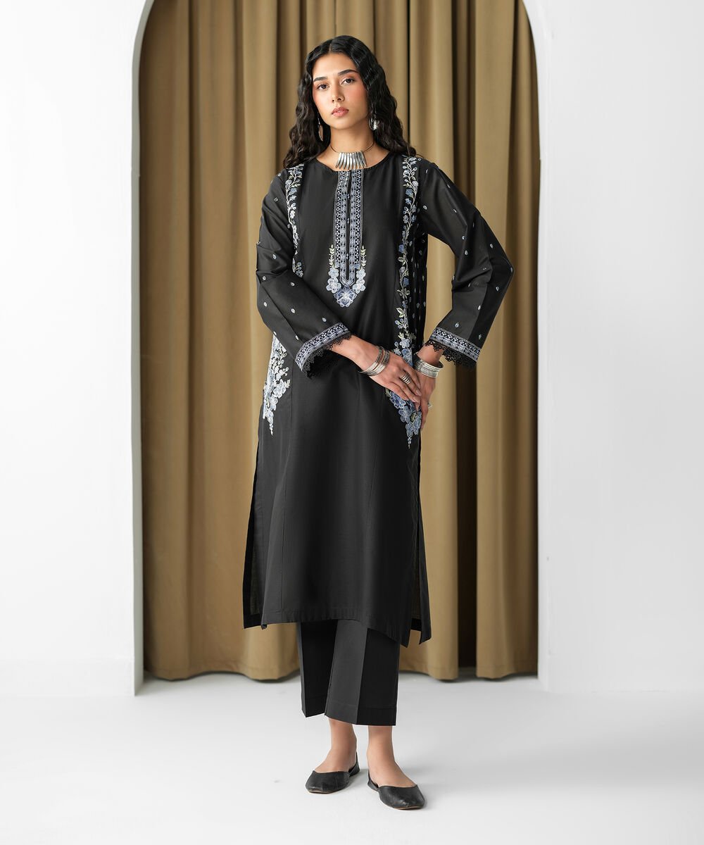 Embroidered Lawn Shirt Women's RTW Lawn Black Embroidered A-Line Shirt