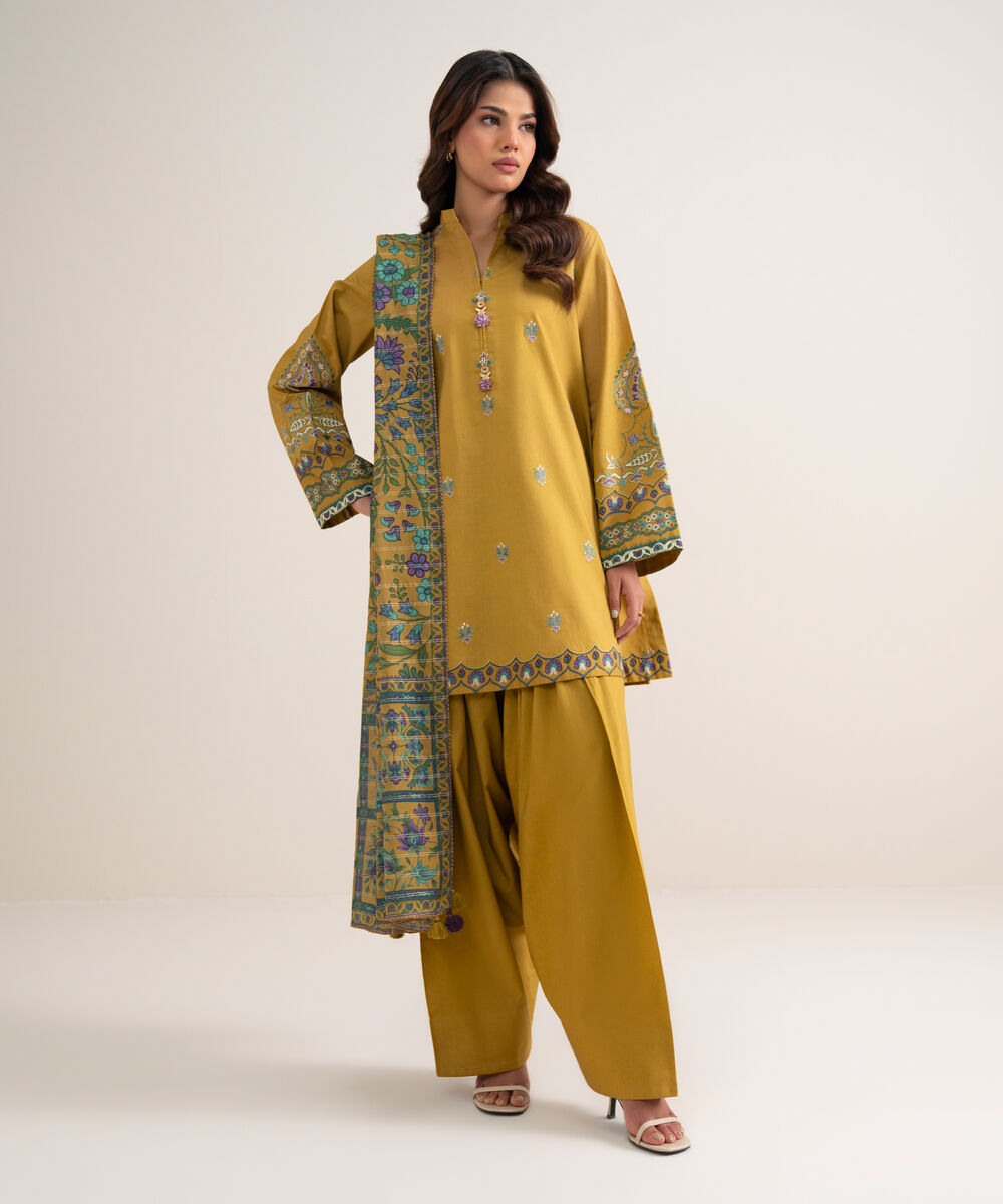 Women's Unstitched Embroidered Cotton Mustard 3 Piece Suit