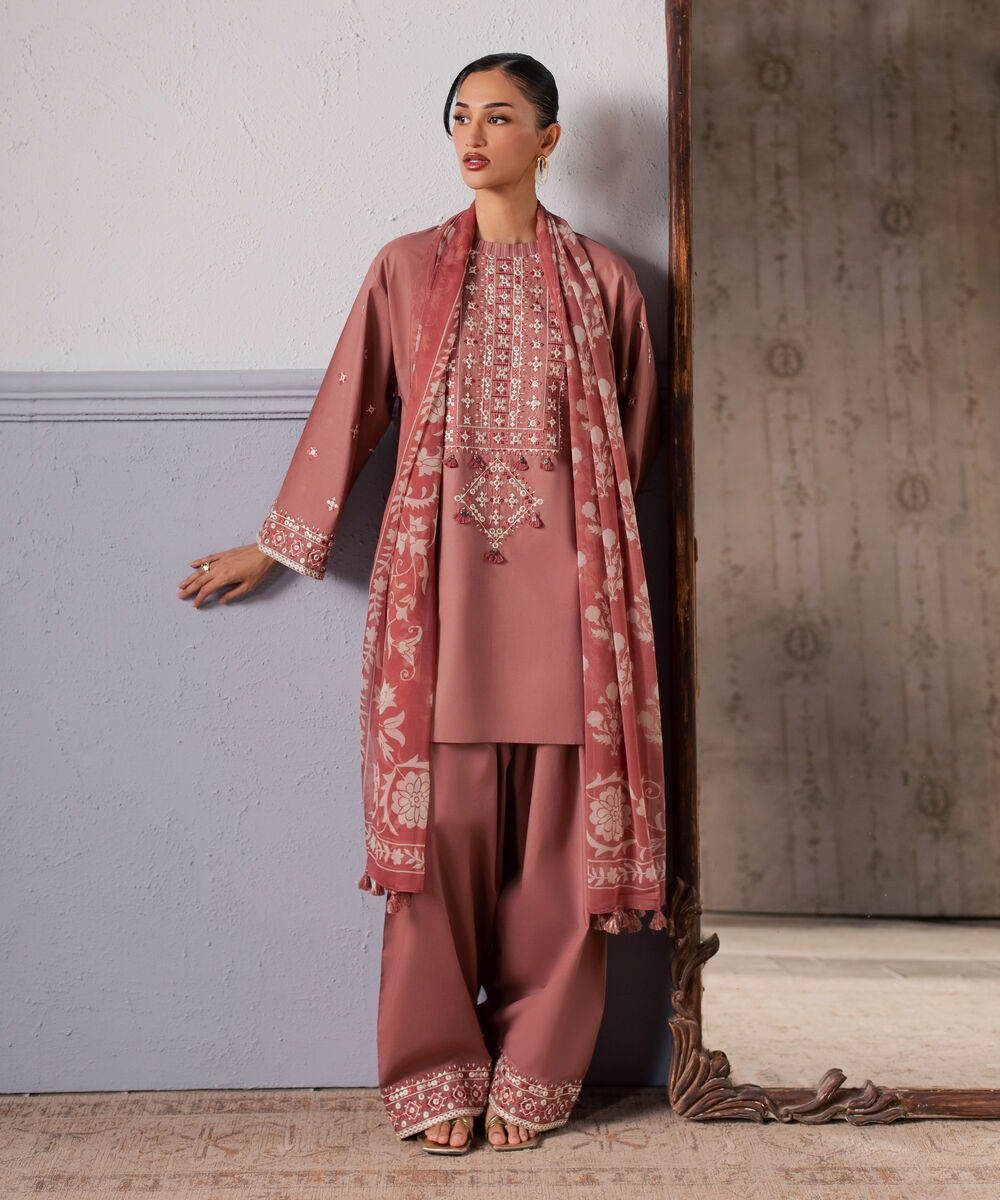 Women's Unstitched Slub Lawn Embroidered Pink 3 Piece Suit