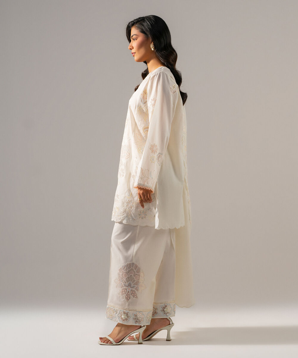 Women's RTW Lawn Solid Embroidered Off White 3 Piece Suit
