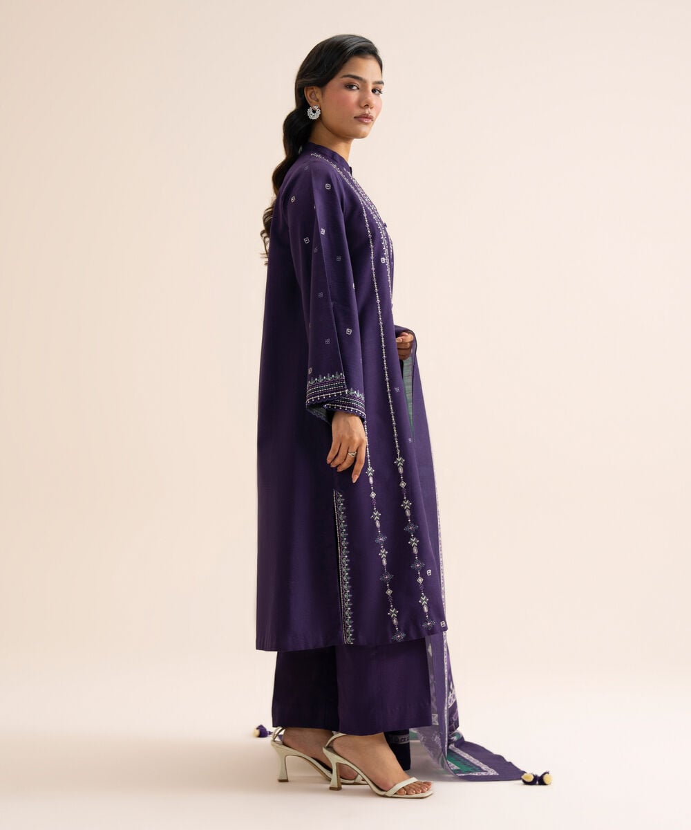 Women's Unstitched Light Khaddar Embroidered Purple 3 Piece Suit