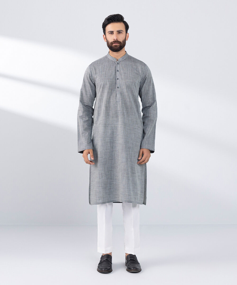 Men's Stitched Grey Cotton Kurta