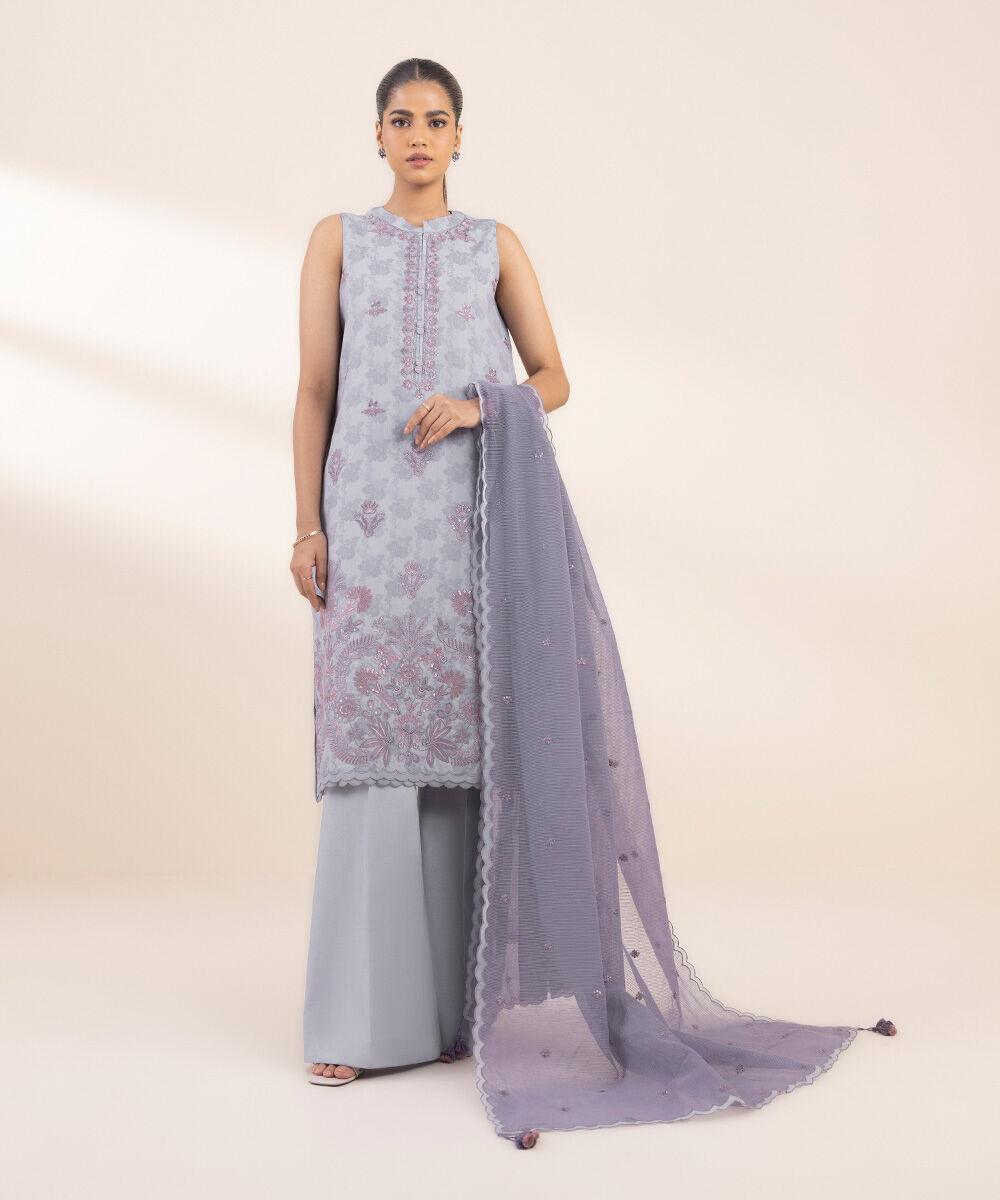 Women's Unstitched Embroidered Cotton Jacquard Light Blue 3 Piece Suit