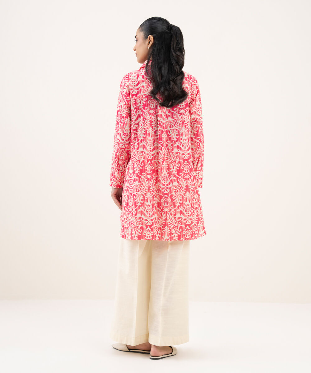 Women's RTW Khaddar Printed Button Down Pink Shirt