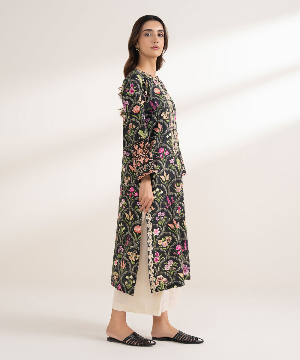 Women's RTW Khaddar Embroidered A-Line Black Shirt