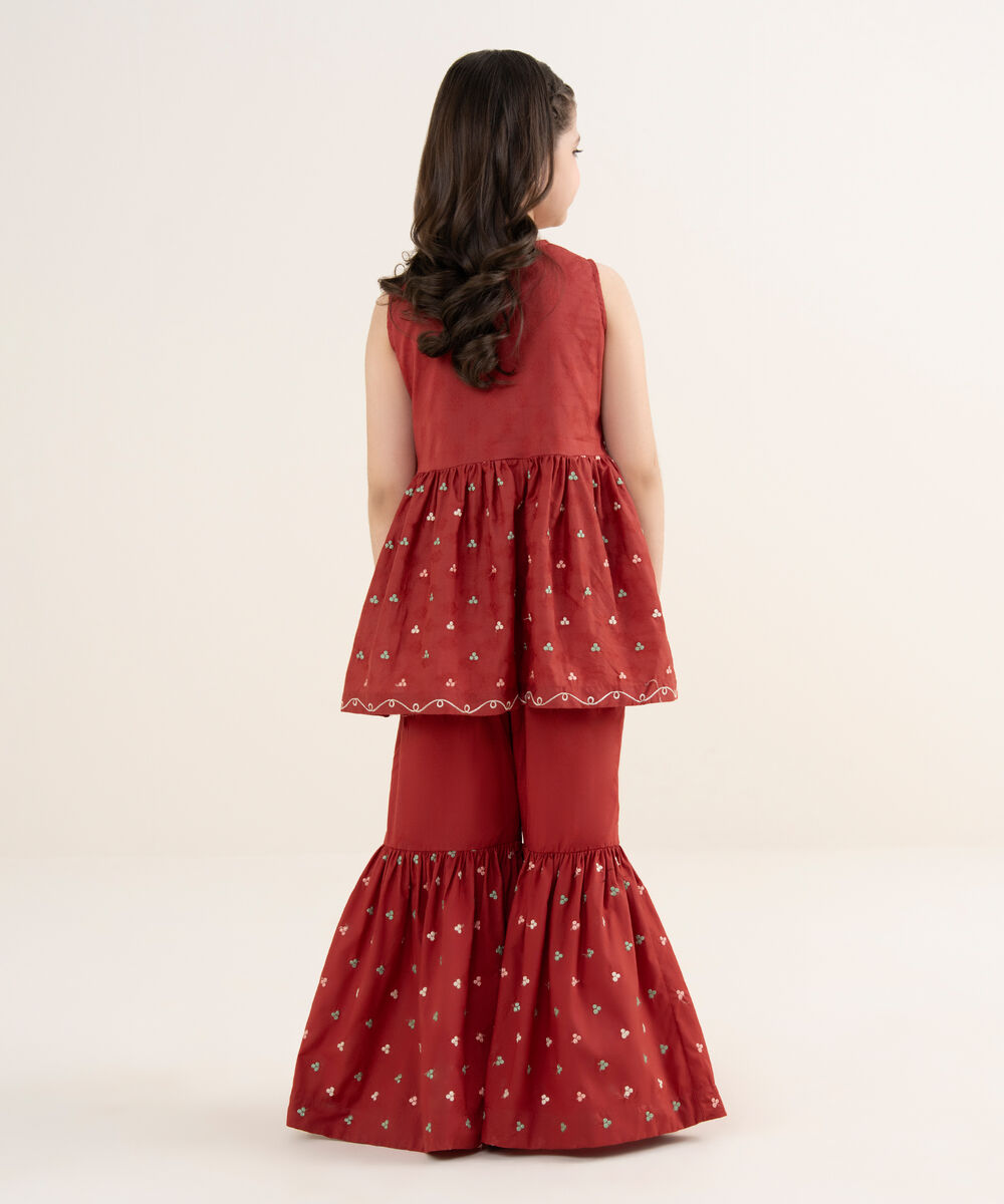 Girl's Cotton Jacquard Embroidered Red 2 Piece Set