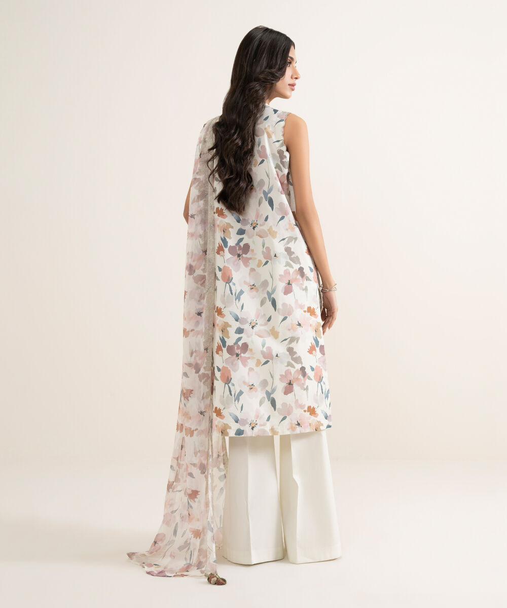 Women's Unstitched Lawn Embroidered Off White 3 Piece Suit