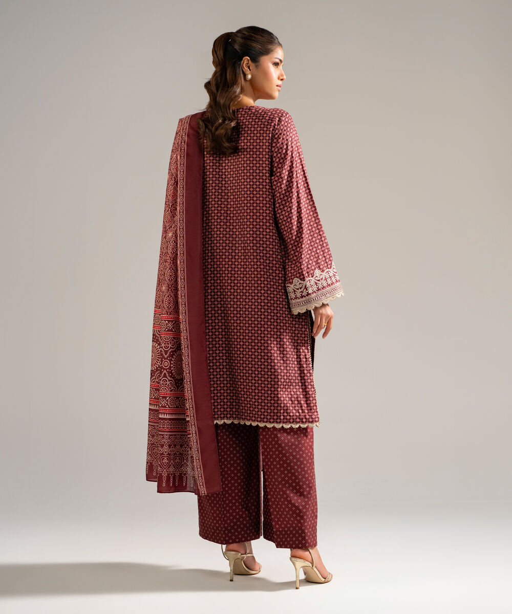 Women's RTW Arabic Dobby Embroidered Maroon 3 Piece Suit