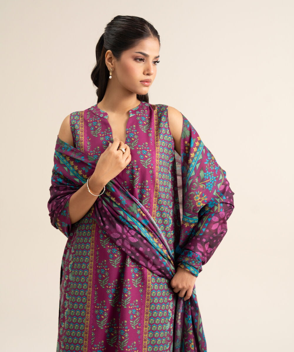 Women's Unstitched Premium Khaddar Printed Plum 3 Piece Suit