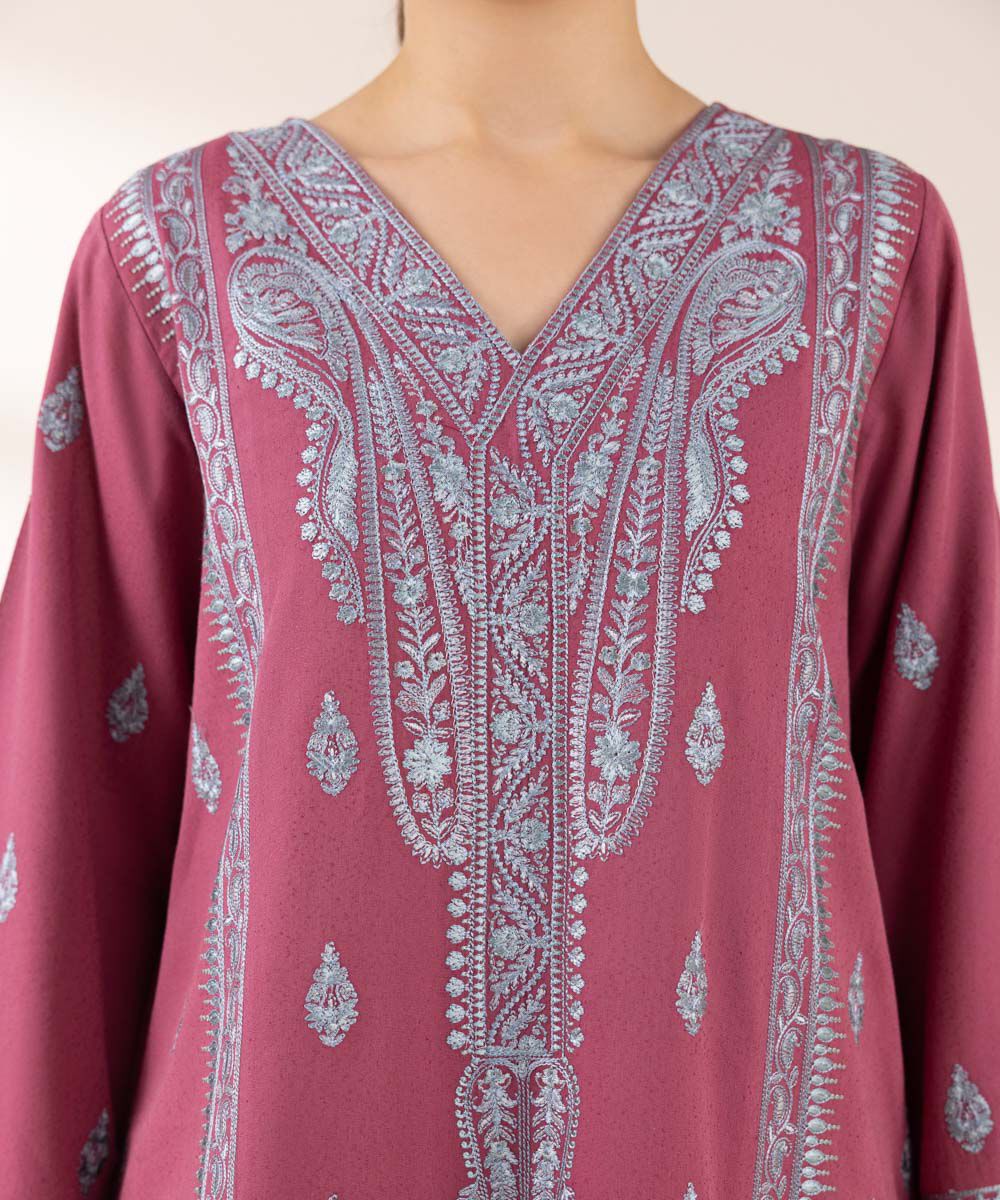 Woman - Pink Embroidered Cotton Karandi Shirt