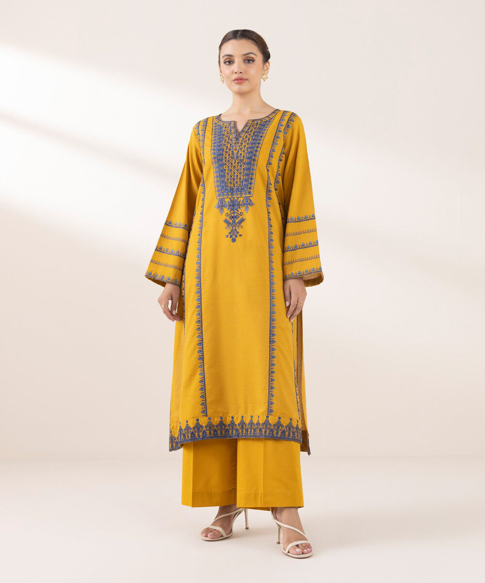 Woman - Yellow Embroidered Cotton Karandi Shirt