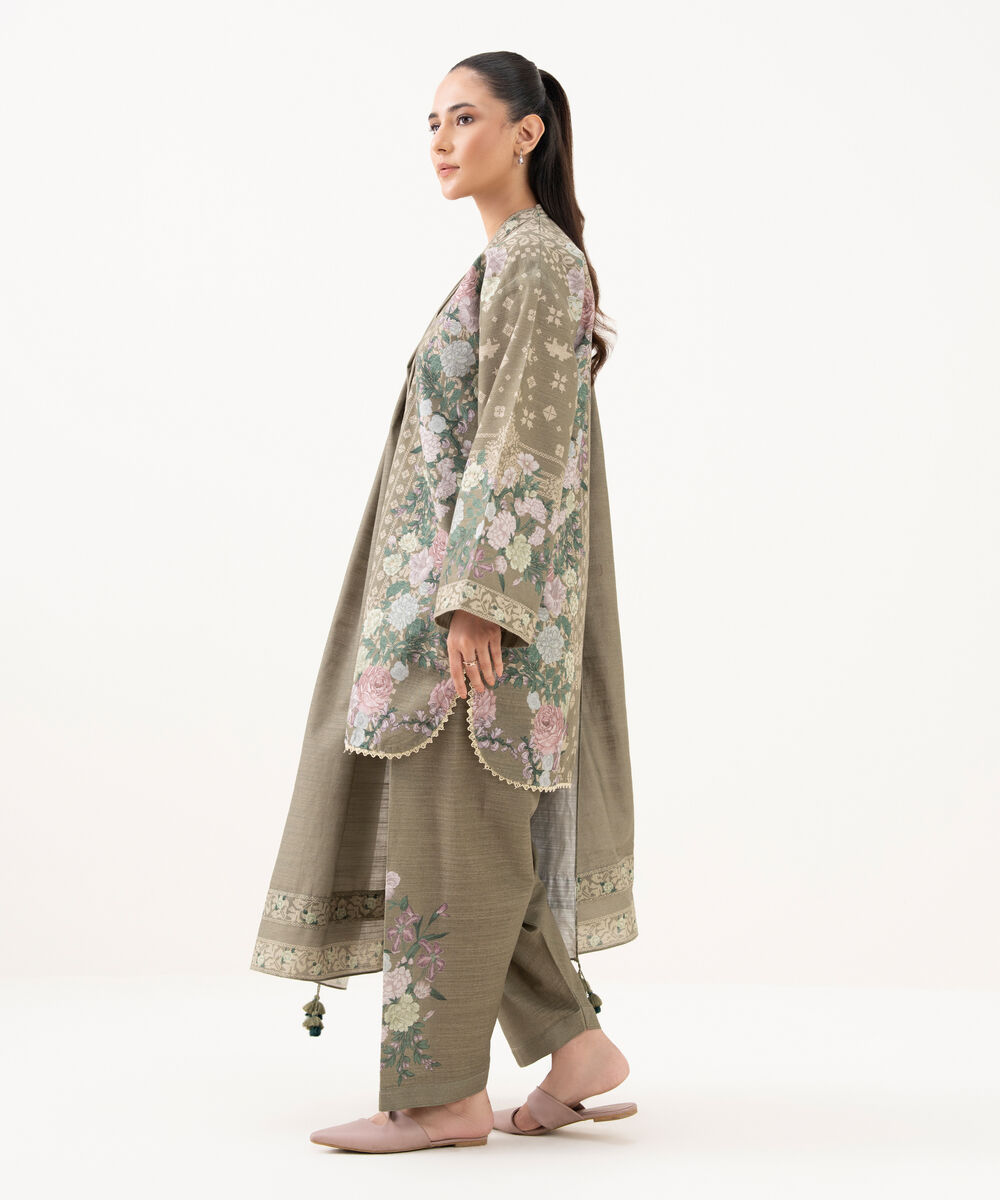 Women's Unstitched Khaddar Printed Grey 3 Piece Suit