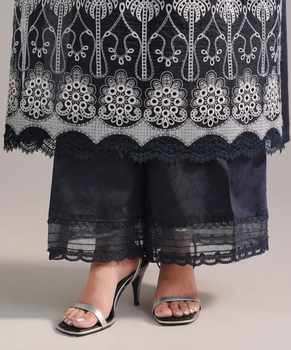 Women's RTW Self Jacquard Embroidered Dark Blue 3 Piece Suit