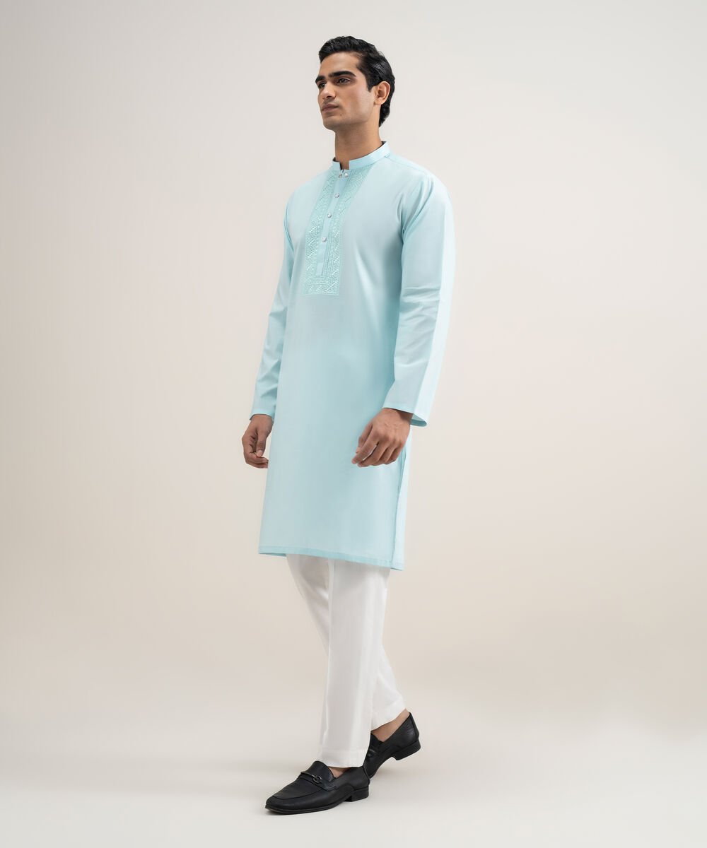 Men's Stitched Cotton Blue Kurta