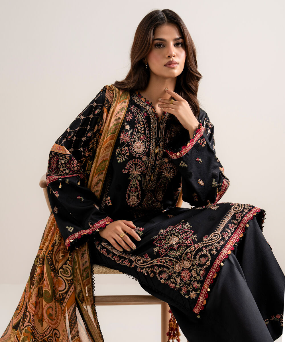 Women's Unstitched Embroidered Fine Cotton Satin Black 3 Piece Suit