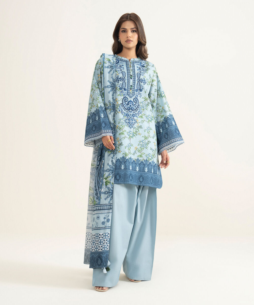 Women's Unstitched Lawn Embroidered Blue 3 Piece Suit